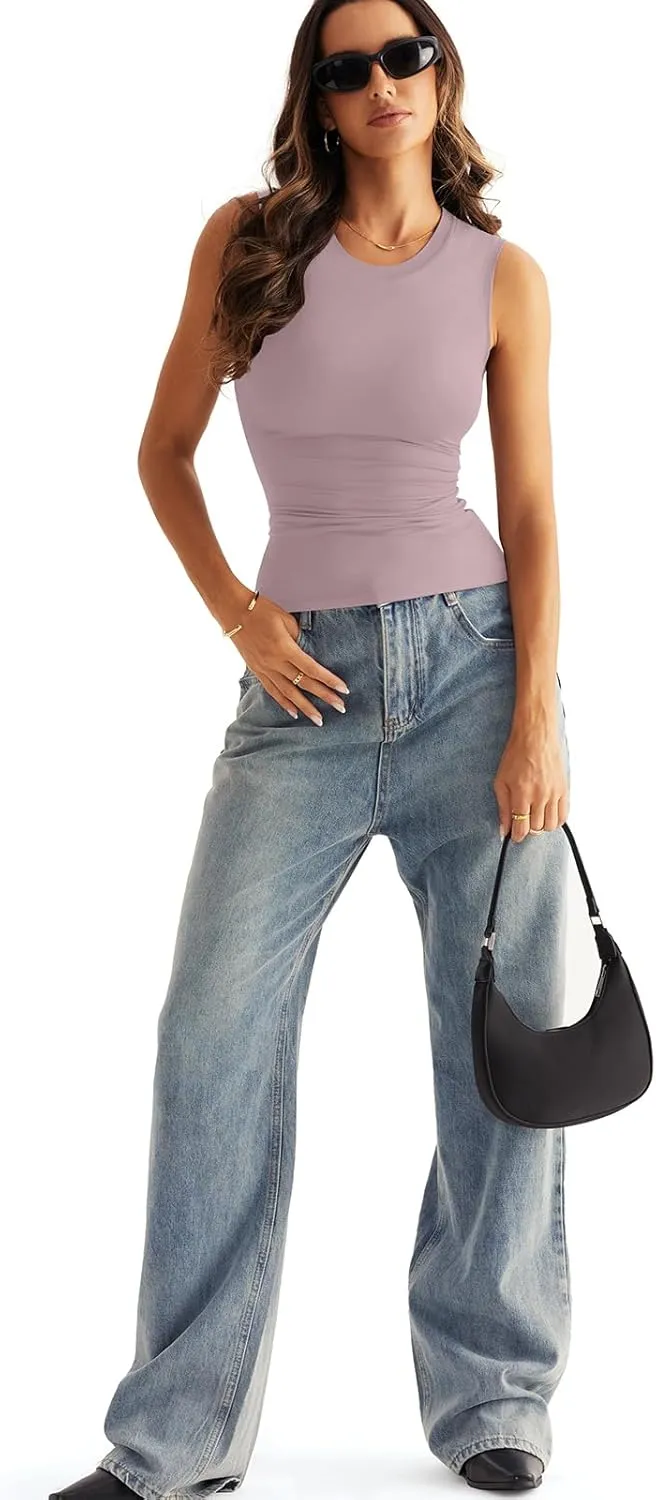 Womens Double Lined Racerback Tank Tops Sleeveless High Neck Fitted Basic Shirts