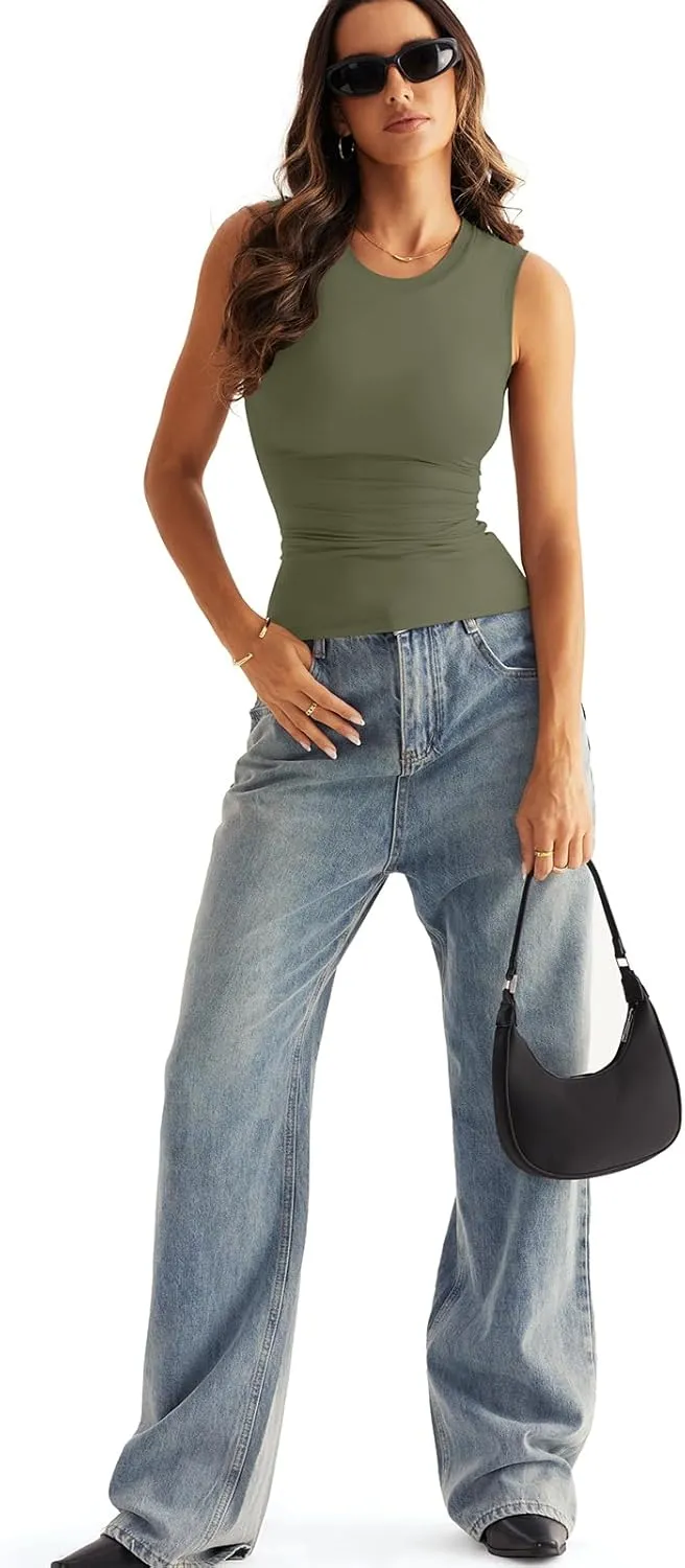 Womens Double Lined Racerback Tank Tops Sleeveless High Neck Fitted Basic Shirts
