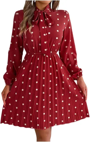 Womens Fall Dresses 2024 Plus Size Elegant Swiss Dot Long Sleeve Dress Flowy Swing Hem Elastic Waist Midi Dress
