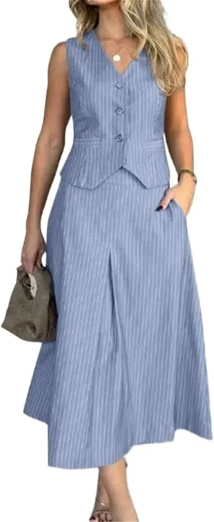 Women's Fashion Striped Printed Two Piece Set Elegant Button V-Neck Sleeveless Vest A-Line Folded Long Skirt Set