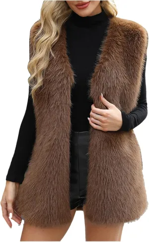 Womens Faux Fur Vest Winter Warm Short Coat Fluffy Shaggy Sleeveless Jacket Fashion Casual Fuzzy Outerwear