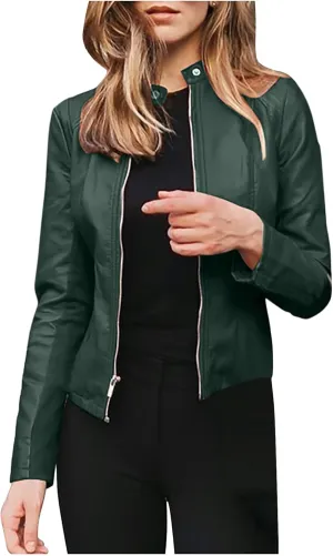 Women's Faux Leather Jackets Zip Up Short Motorcycle Outwear Slim Fitted PU Leather Coat Leather Moto Biker Jacket