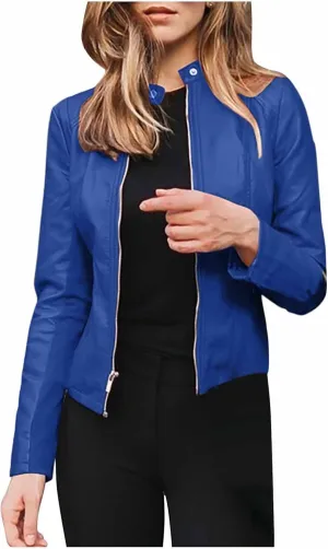 Women's Faux Leather Jackets Zip Up Short Motorcycle Outwear Slim Fitted PU Leather Coat Leather Moto Biker Jacket