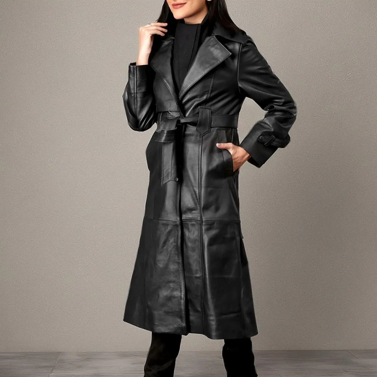 Women's Fine Grain Leather Trench Coat - Ladies Black Lambskin Long Leather Over Coat with Belt