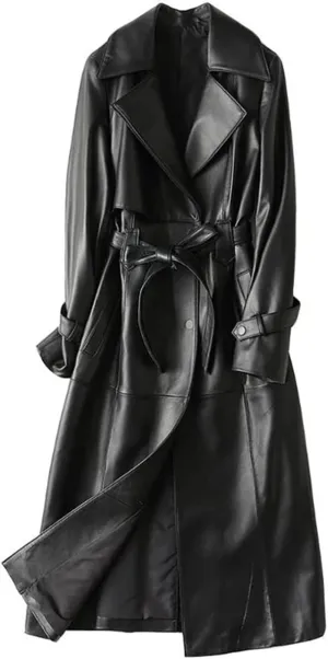 Women's Fine Grain Leather Trench Coat - Ladies Black Lambskin Long Leather Over Coat with Belt