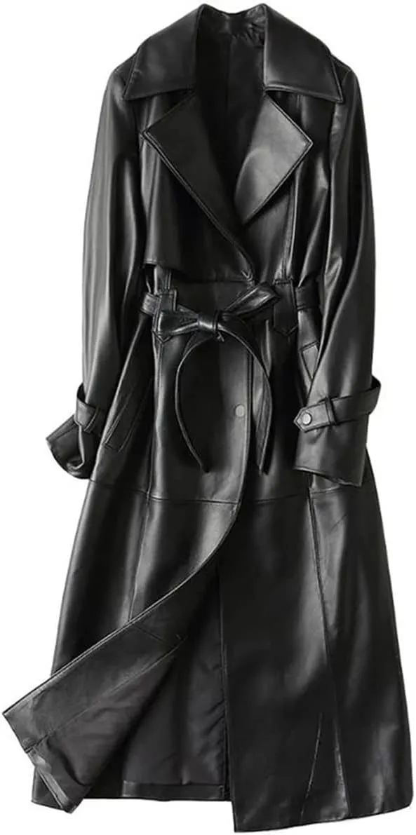 Women's Fine Grain Leather Trench Coat - Ladies Black Lambskin Long Leather Over Coat with Belt