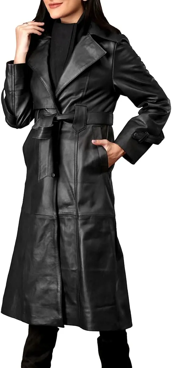 Women's Fine Grain Leather Trench Coat - Ladies Black Lambskin Long Leather Over Coat with Belt
