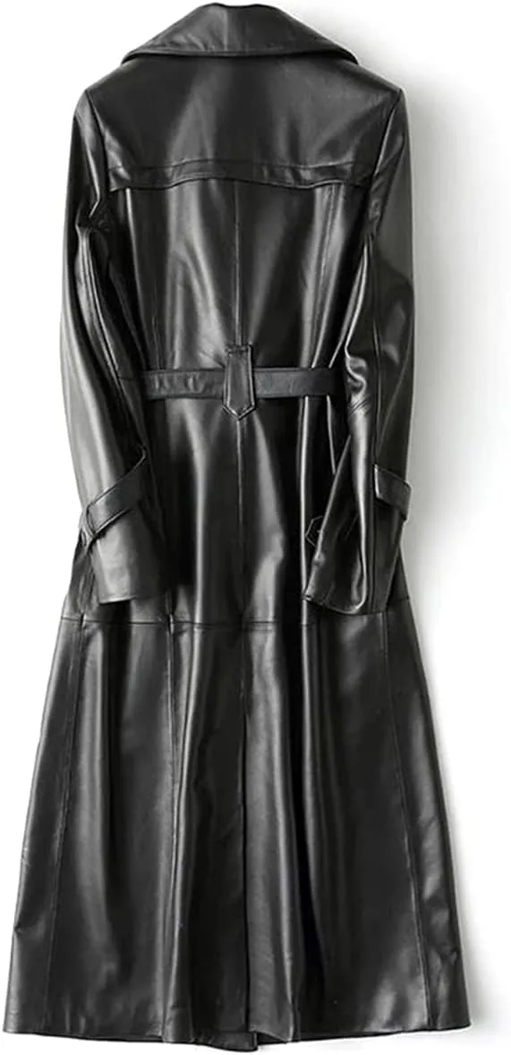 Women's Fine Grain Leather Trench Coat - Ladies Black Lambskin Long Leather Over Coat with Belt
