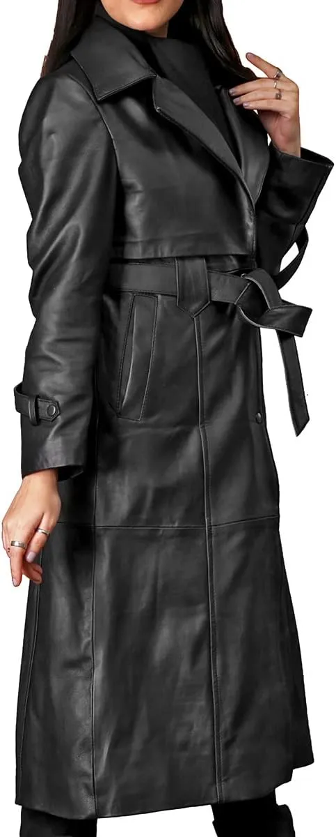 Women's Fine Grain Leather Trench Coat - Ladies Black Lambskin Long Leather Over Coat with Belt