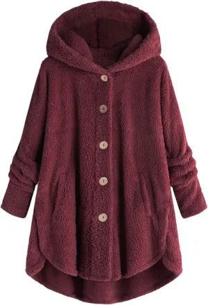Womens Fleece Jacket with Hood Plus Size Winter Coat 2024 Button Down Faux Fur Sherpa Jacket Warm Outwear with Pocket