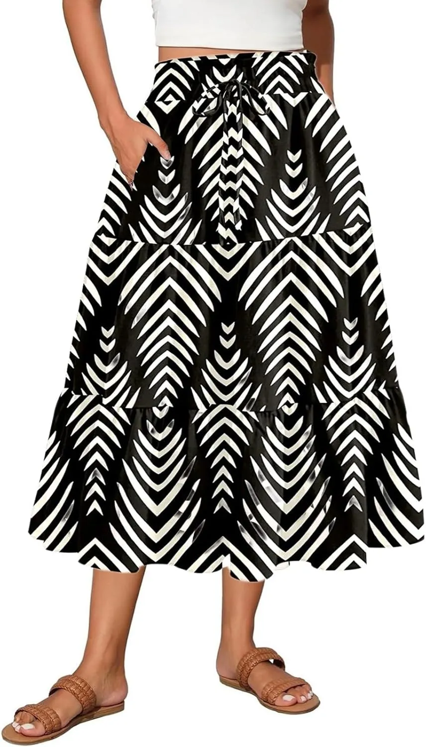 Women's Floral Boho Summer Spring Long Elastic High Waist Printed A Line Flowy Casual Flared Maxi Skirts with Pockets