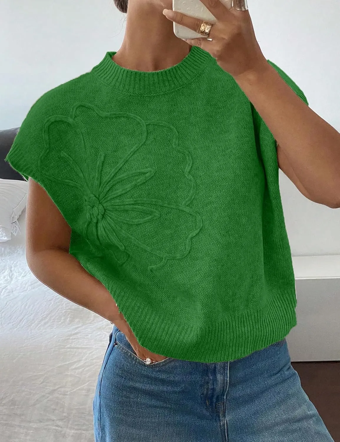 Womens Floral Sweater Vest Cute Cap Sleeve Tops 3D Flower Decor Knit Tank Top Loose Spring Fall Summer Clothes 2025