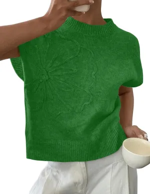 Womens Floral Sweater Vest Cute Cap Sleeve Tops 3D Flower Decor Knit Tank Top Loose Spring Fall Summer Clothes 2025