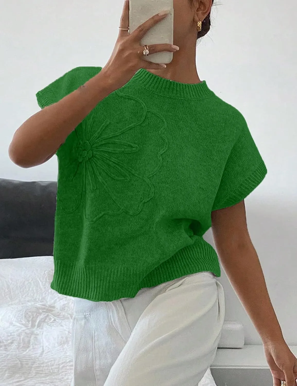 Womens Floral Sweater Vest Cute Cap Sleeve Tops 3D Flower Decor Knit Tank Top Loose Spring Fall Summer Clothes 2025