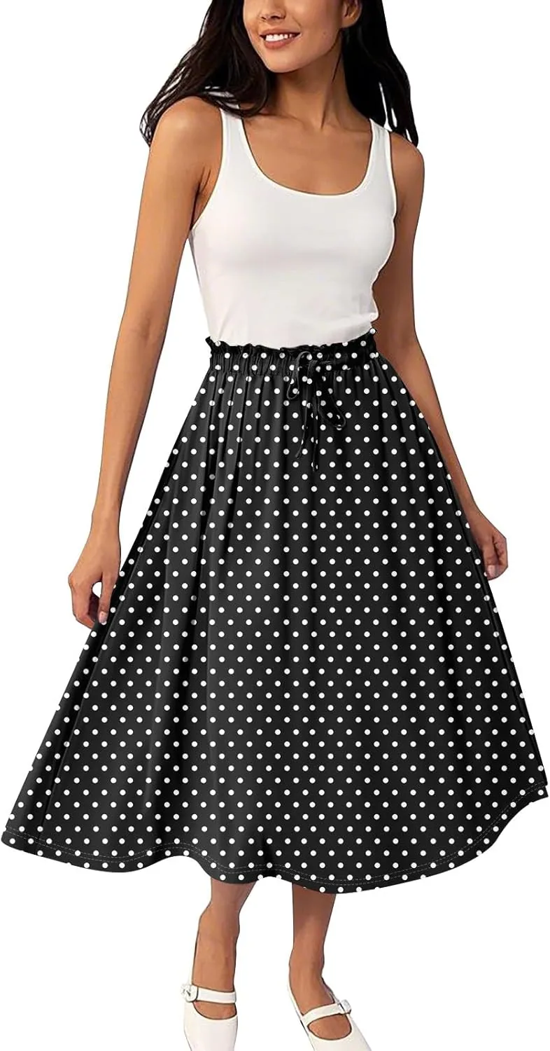 Women's Flowy Maxi Skirt Boho Summer Pleated High Waisted Casual Smocked Long Skirts with Pockets