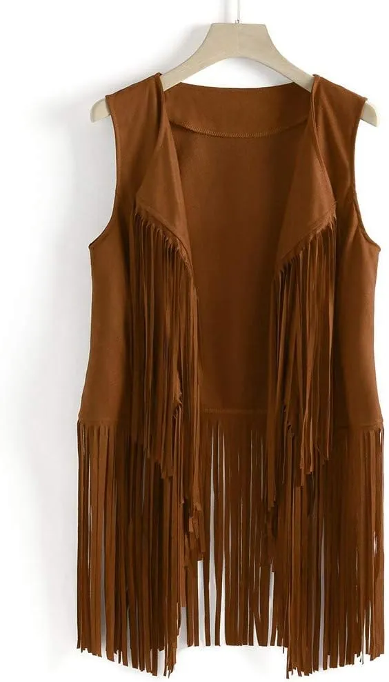 Womens Fringe Vest 70s Hippie Costume Sleeveless Cowgirl Western Faux Suede Tassel Leather Outerwear 2025