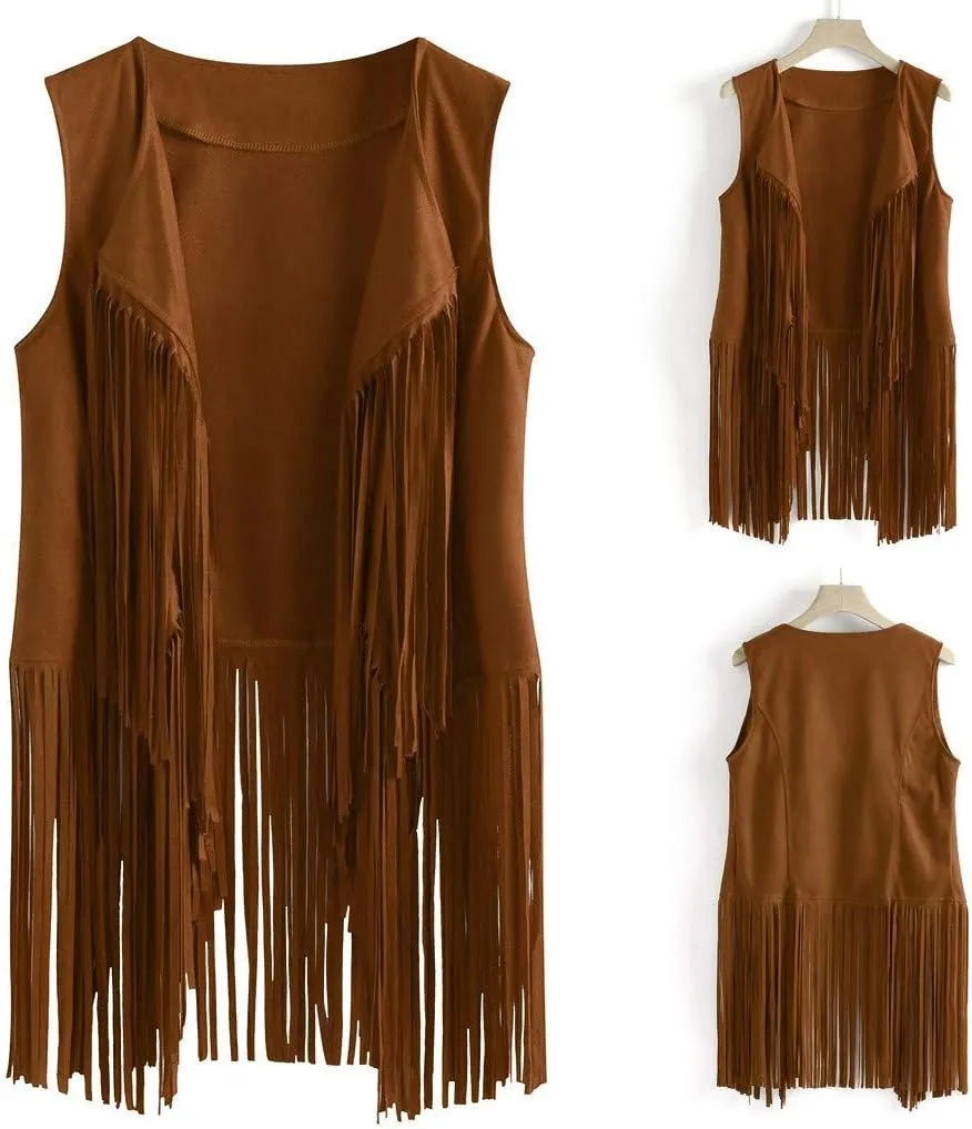Womens Fringe Vest 70s Hippie Costume Sleeveless Cowgirl Western Faux Suede Tassel Leather Outerwear 2025