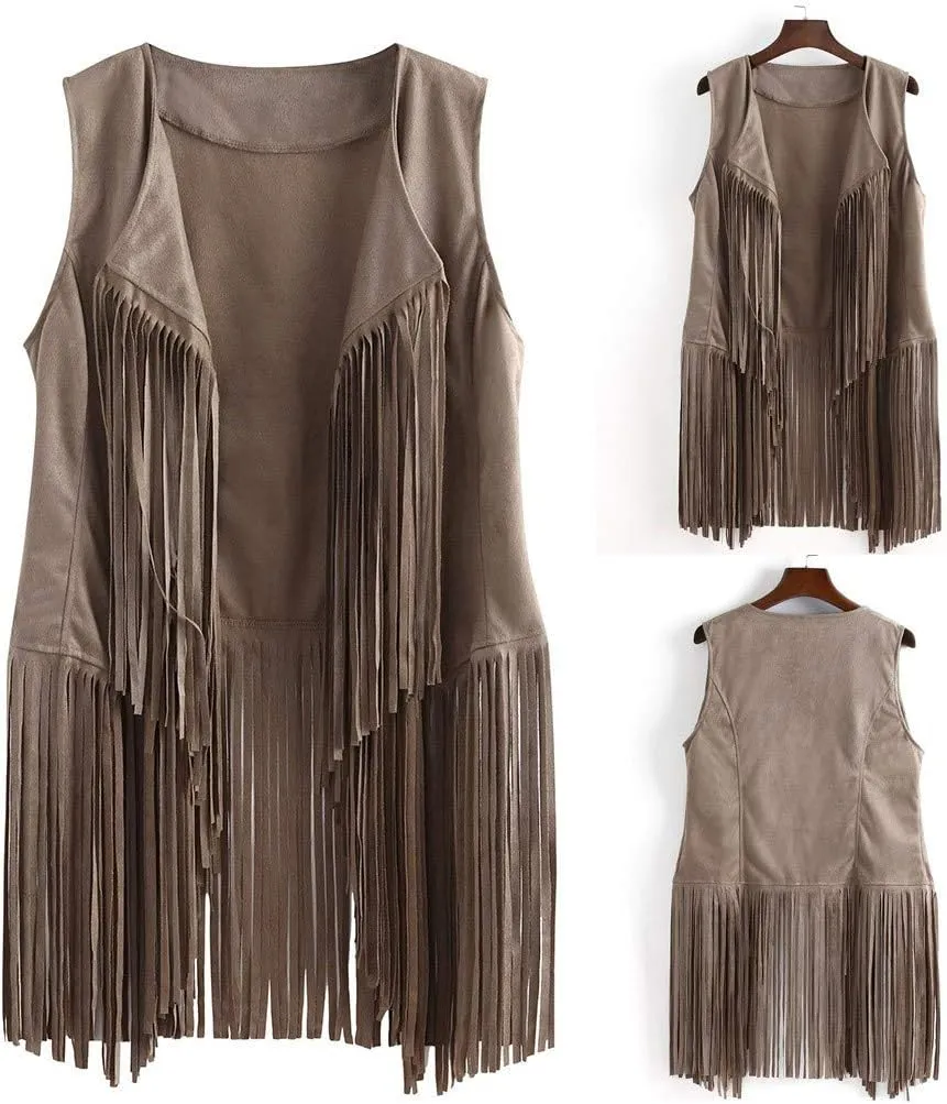 Womens Fringe Vest 70s Hippie Costume Sleeveless Cowgirl Western Faux Suede Tassel Leather Outerwear 2025