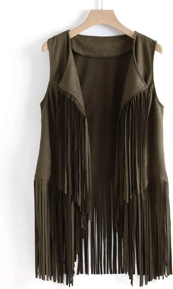 Womens Fringe Vest 70s Hippie Costume Sleeveless Cowgirl Western Faux Suede Tassel Leather Outerwear 2025