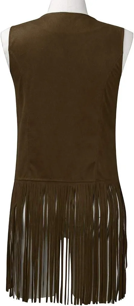 Womens Fringe Vest 70s Hippie Costume Sleeveless Cowgirl Western Faux Suede Tassel Leather Outerwear 2025