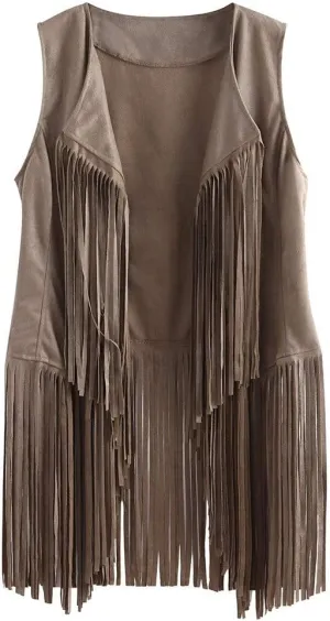 Womens Fringe Vest 70s Hippie Costume Sleeveless Cowgirl Western Faux Suede Tassel Leather Outerwear 2025