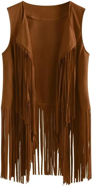 Womens Fringe Vest 70s Hippie Costume Sleeveless Cowgirl Western Faux Suede Tassel Leather Outerwear 2025