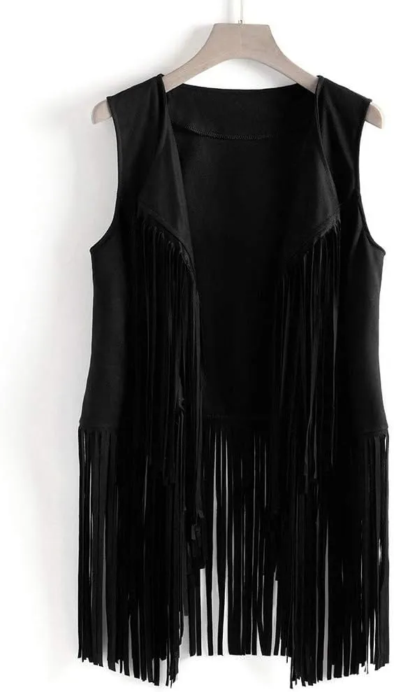 Womens Fringe Vest 70s Hippie Costume Sleeveless Cowgirl Western Faux Suede Tassel Leather Outerwear 2025