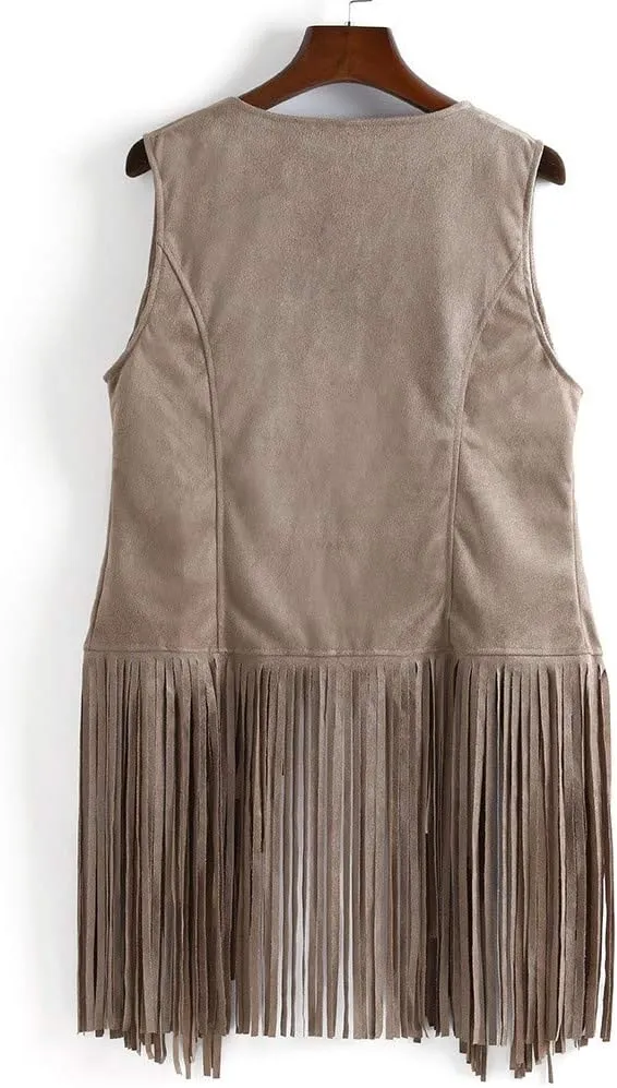 Womens Fringe Vest 70s Hippie Costume Sleeveless Cowgirl Western Faux Suede Tassel Leather Outerwear 2025