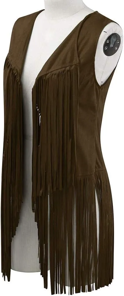 Womens Fringe Vest 70s Hippie Costume Sleeveless Cowgirl Western Faux Suede Tassel Leather Outerwear 2025