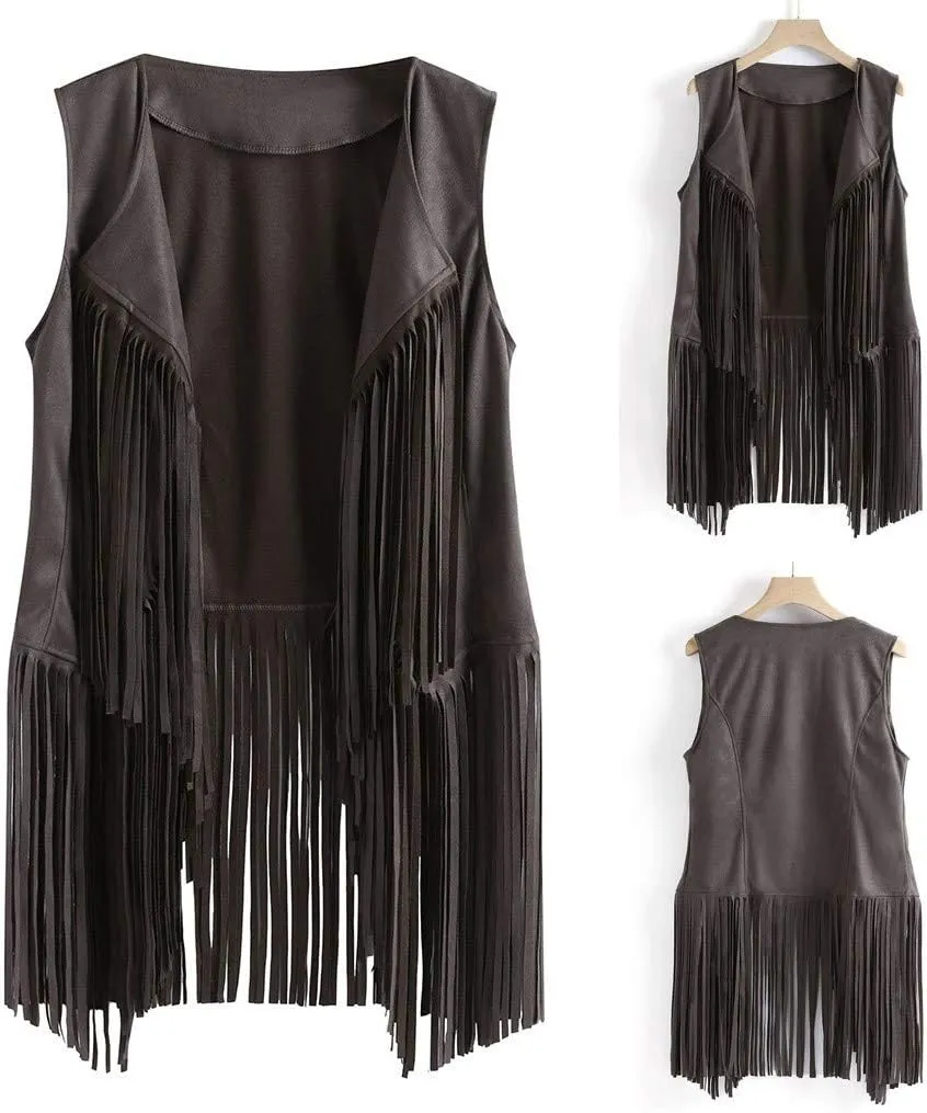 Womens Fringe Vest 70s Hippie Costume Sleeveless Cowgirl Western Faux Suede Tassel Leather Outerwear 2025