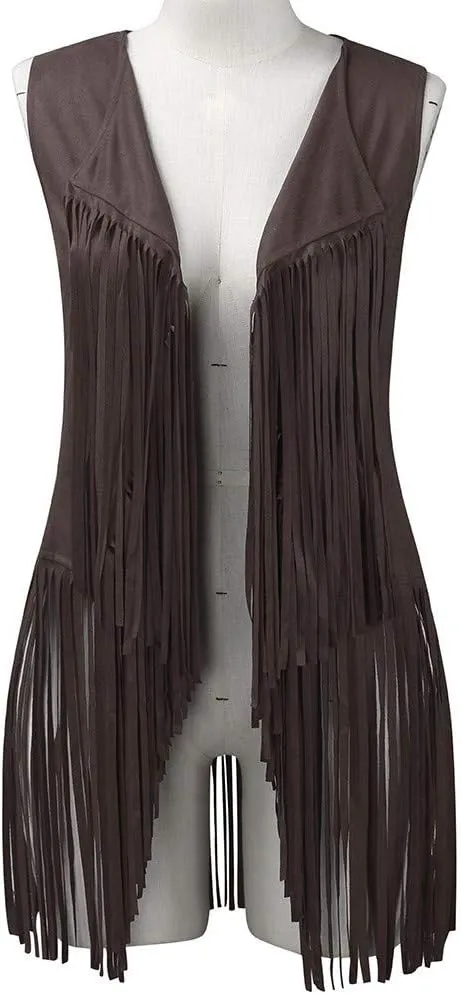 Womens Fringe Vest 70s Hippie Costume Sleeveless Cowgirl Western Faux Suede Tassel Leather Outerwear 2025