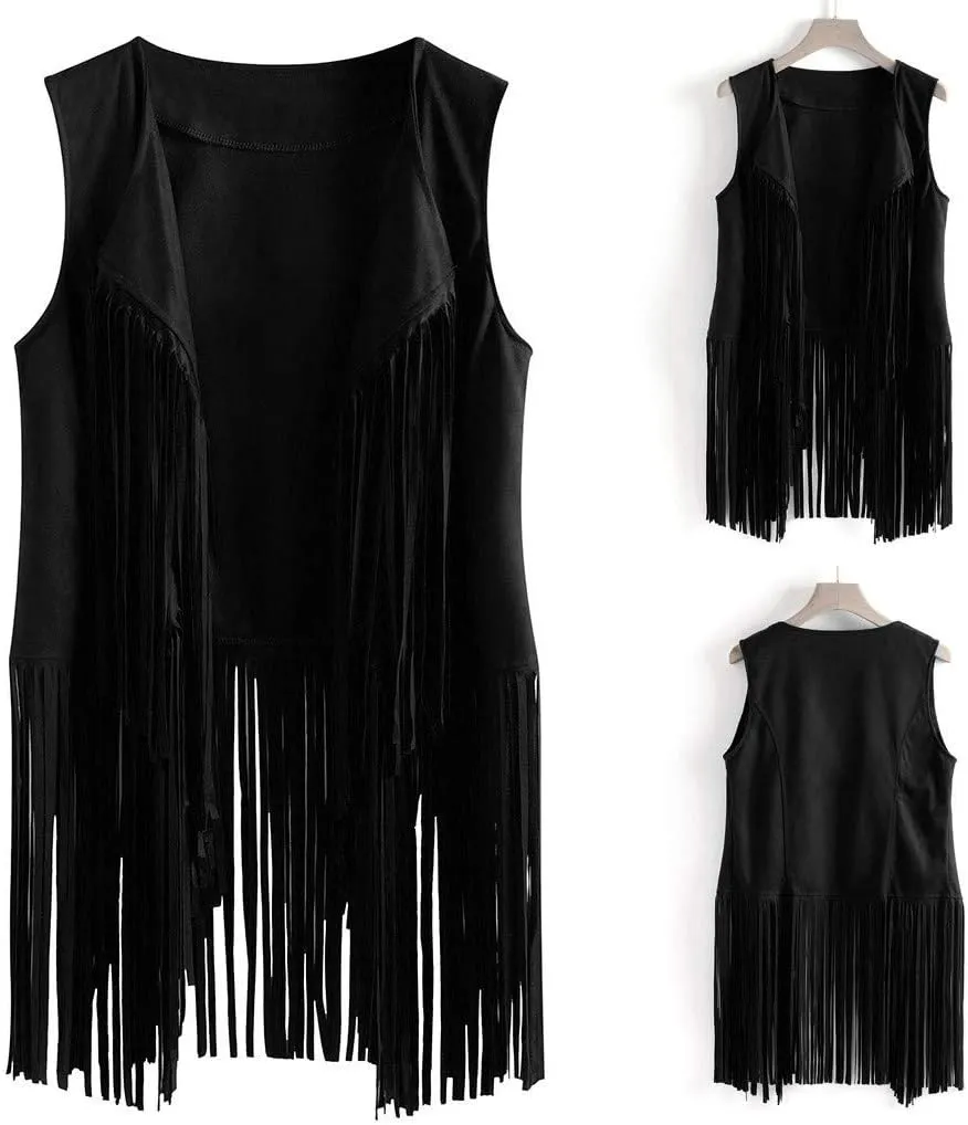 Womens Fringe Vest 70s Hippie Costume Sleeveless Cowgirl Western Faux Suede Tassel Leather Outerwear 2025