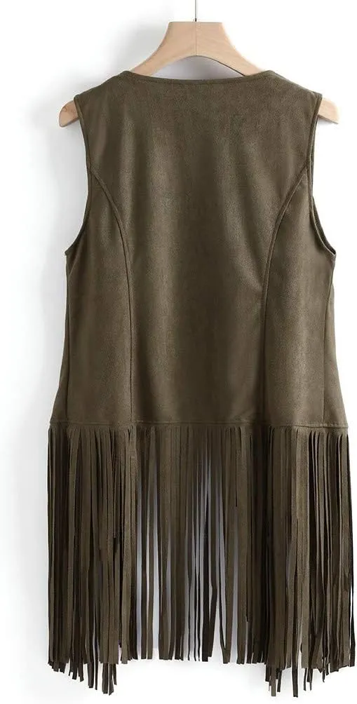 Womens Fringe Vest 70s Hippie Costume Sleeveless Cowgirl Western Faux Suede Tassel Leather Outerwear 2025