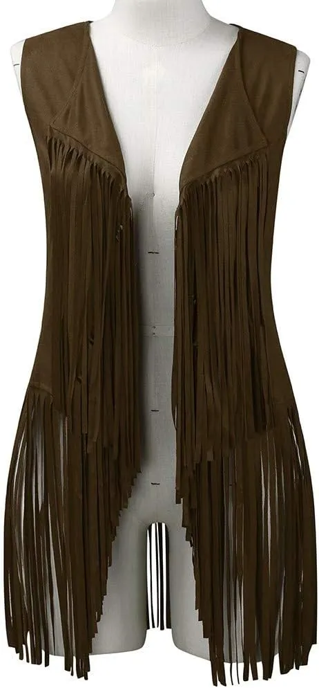 Womens Fringe Vest 70s Hippie Costume Sleeveless Cowgirl Western Faux Suede Tassel Leather Outerwear 2025