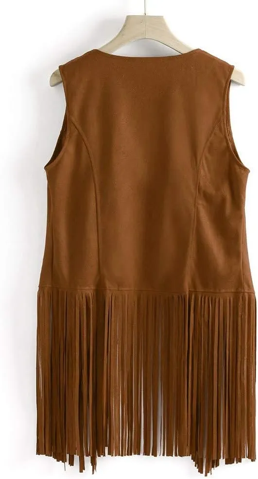 Womens Fringe Vest 70s Hippie Costume Sleeveless Cowgirl Western Faux Suede Tassel Leather Outerwear 2025