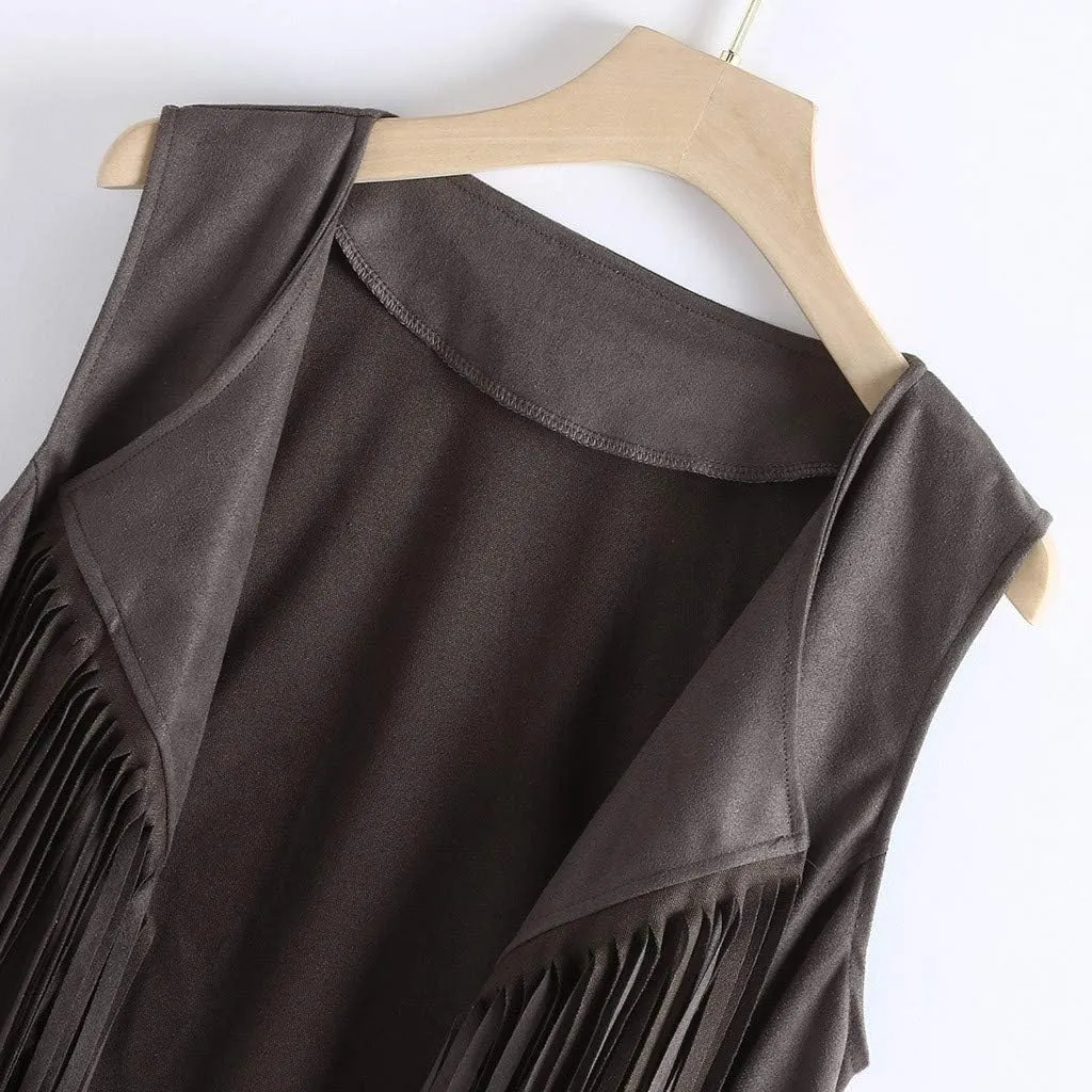 Womens Fringe Vest 70s Hippie Costume Sleeveless Cowgirl Western Faux Suede Tassel Leather Outerwear 2025