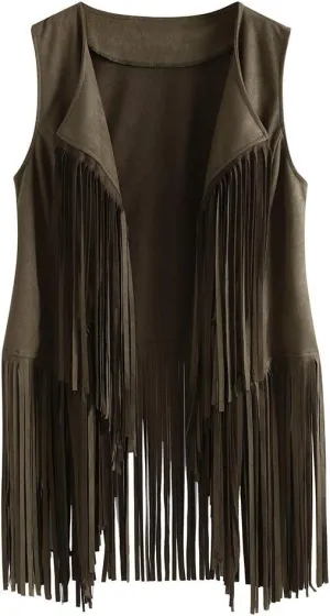 Womens Fringe Vest 70s Hippie Costume Sleeveless Cowgirl Western Faux Suede Tassel Leather Outerwear 2025