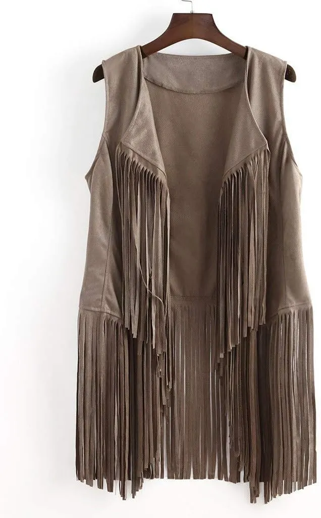 Womens Fringe Vest 70s Hippie Costume Sleeveless Cowgirl Western Faux Suede Tassel Leather Outerwear 2025