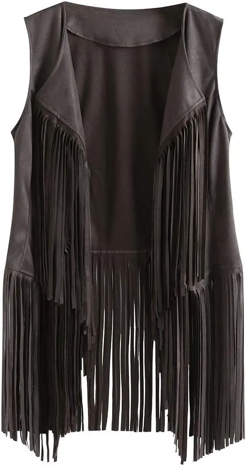 Womens Fringe Vest 70s Hippie Costume Sleeveless Cowgirl Western Faux Suede Tassel Leather Outerwear 2025