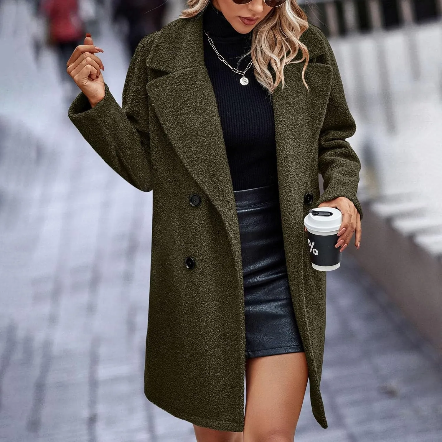 Women's Fuzzy Fleece Lapel Open Front Long Cardigan Coat Button Down Faux Fur Warm Winter Outwear Jackets