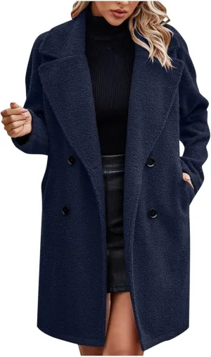 Women's Fuzzy Fleece Lapel Open Front Long Cardigan Coat Button Down Faux Fur Warm Winter Outwear Jackets