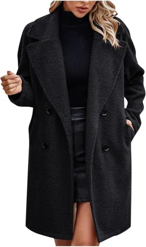 Women's Fuzzy Fleece Lapel Open Front Long Cardigan Coat Button Down Faux Fur Warm Winter Outwear Jackets