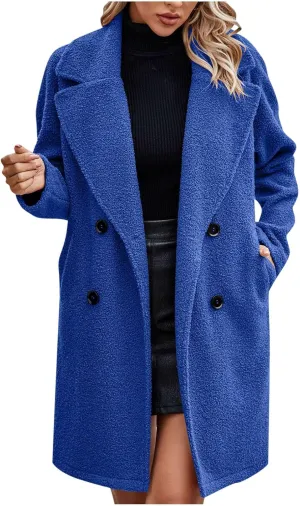 Women's Fuzzy Fleece Lapel Open Front Long Cardigan Coat Button Down Faux Fur Warm Winter Outwear Jackets