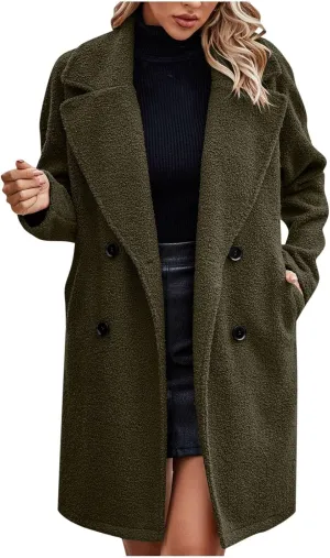 Women's Fuzzy Fleece Lapel Open Front Long Cardigan Coat Button Down Faux Fur Warm Winter Outwear Jackets