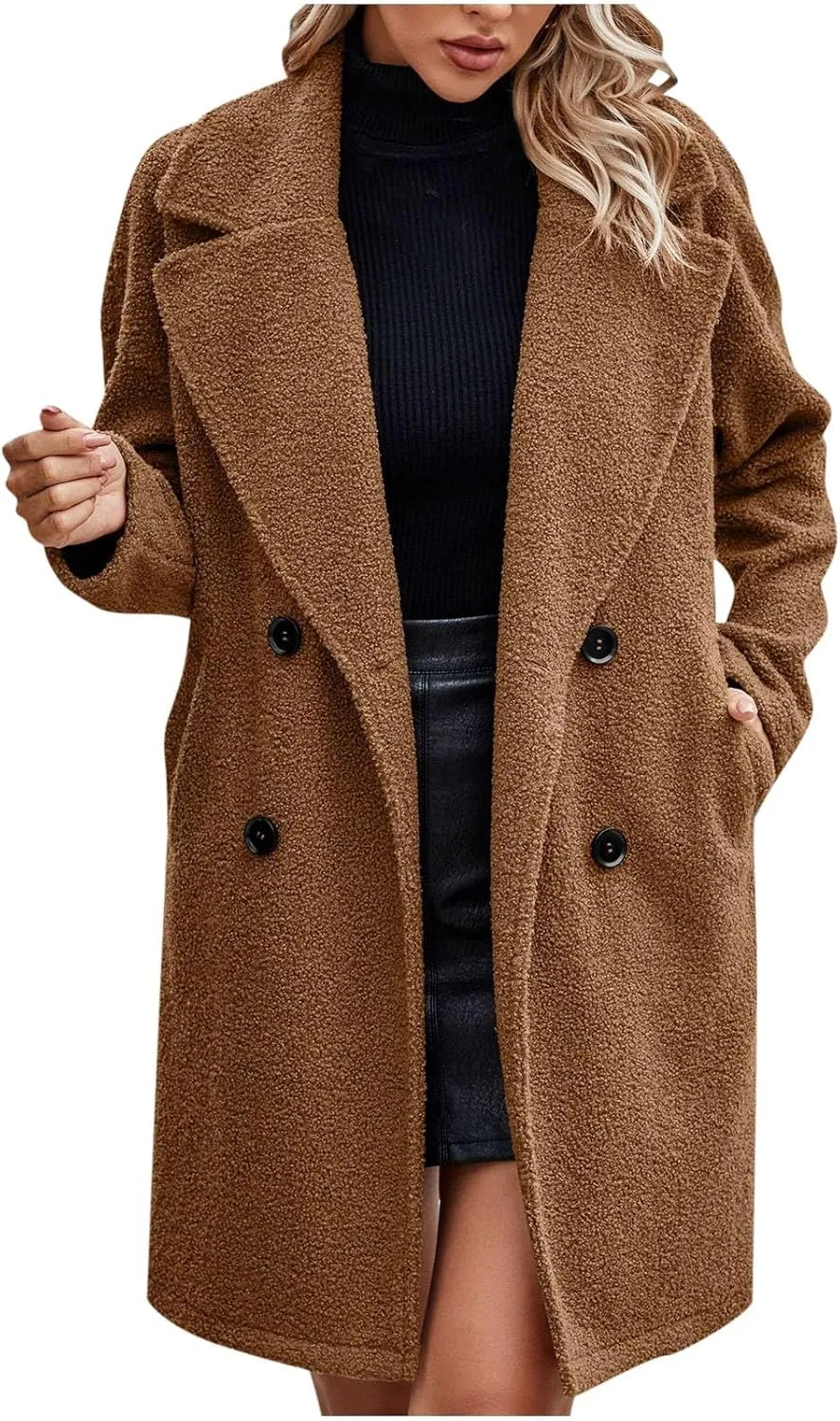 Women's Fuzzy Fleece Lapel Open Front Long Cardigan Coat Button Down Faux Fur Warm Winter Outwear Jackets
