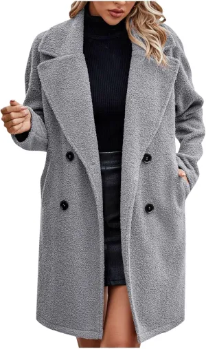 Women's Fuzzy Fleece Lapel Open Front Long Cardigan Coat Button Down Faux Fur Warm Winter Outwear Jackets