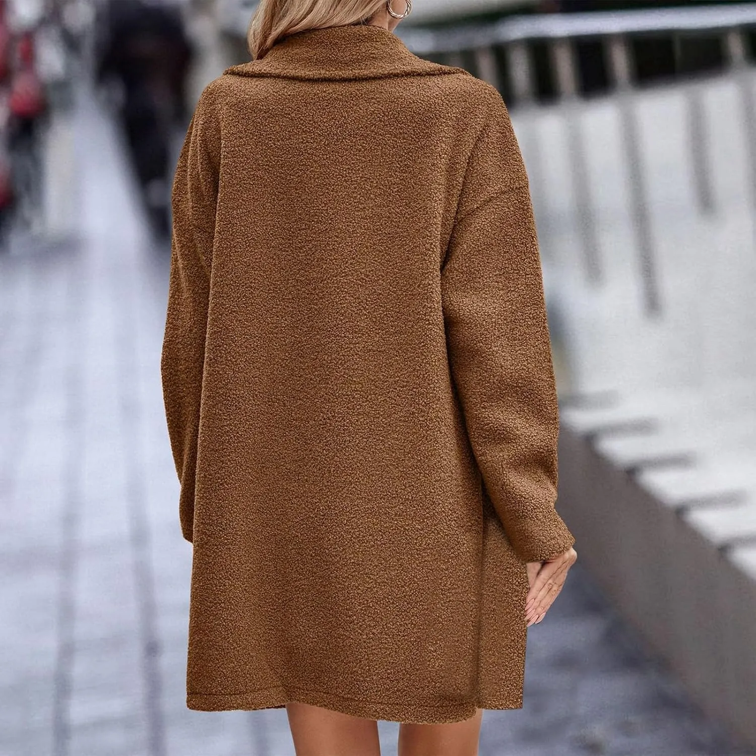 Women's Fuzzy Fleece Lapel Open Front Long Cardigan Coat Button Down Faux Fur Warm Winter Outwear Jackets