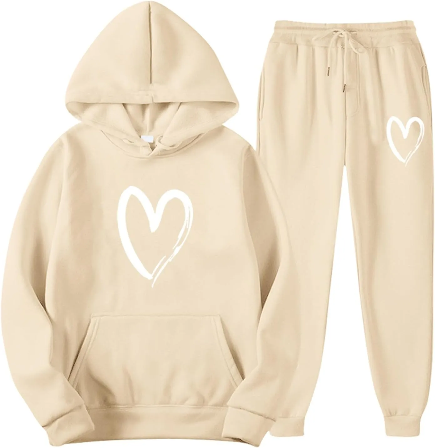Women's Heart Print Fleece 2 Piece Outfits Sweatsuits Pullover Hoodie Sweatshirt and Jogger Pants Tracksuits Set