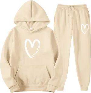 Women's Heart Print Fleece 2 Piece Outfits Sweatsuits Pullover Hoodie Sweatshirt and Jogger Pants Tracksuits Set