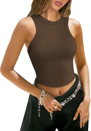 Womens High Neck Workout Racerback Tank Top, Ribbed Fitted Crop Tank Tops, Sleeveless Sexy Cropped Shirt Clothes for Yoga Gym